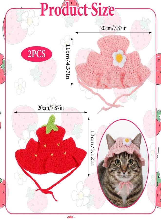 Matwsec 2PCS Strawberry Cat Hats Cute Flower Crochet Hats for Cats Small Pets Birthday Party Christmas Halloween Easter Travel Accessories Puppy Hat - Image 2